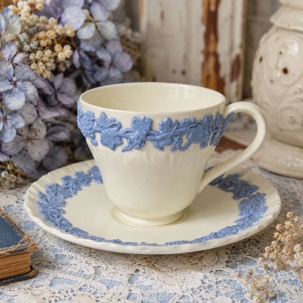 Vintage Wedgwood Queensware Blue Grapevine Tea Cup Saucer Grandmillennial Decor